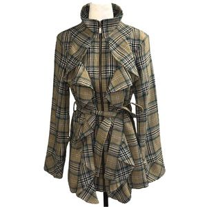 U) Plaid Zip-Up Jacket with Tie-Up Waist - Tan Black Blue Pink - Size Large
